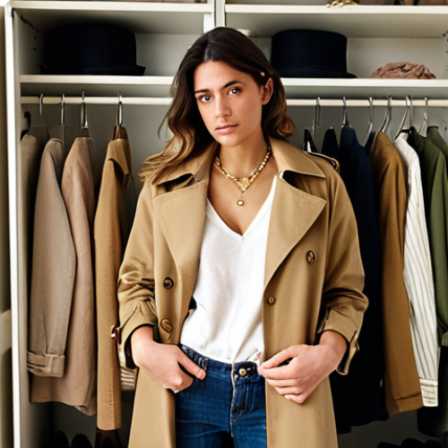 Home 4 **
*Prompt:* A stylish Italian woman in her late 20s, standing in front of a well-organized, minimalist closet featuring beige, camel, and olive green clothing. She's wearing a classic camel trench coat over a white shirt and jeans, accessorized with a delicate gold necklace. Soft, natural light. Focus on quality fabrics and effortless style.
**