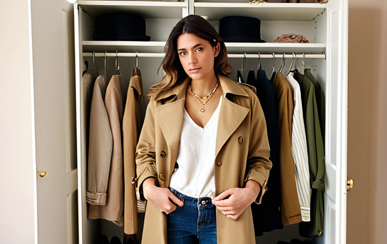 **

*Prompt:* A stylish Italian woman in her late 20s, standing in front of a well-organized, minimalist closet featuring beige, camel, and olive green clothing. She's wearing a classic camel trench coat over a white shirt and jeans, accessorized with a delicate gold necklace. Soft, natural light. Focus on quality fabrics and effortless style.

**