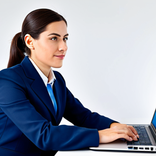 Home 17 Professional Businesswoman**
"A professional businesswoman in a modest navy blue business suit, sitting at a clean desk in a bright, modern office, working on a laptop, fully clothed, appropriate attire, safe for work, perfect anatomy, correct proportions, natural pose, professional photography, high quality, family-friendly."
**