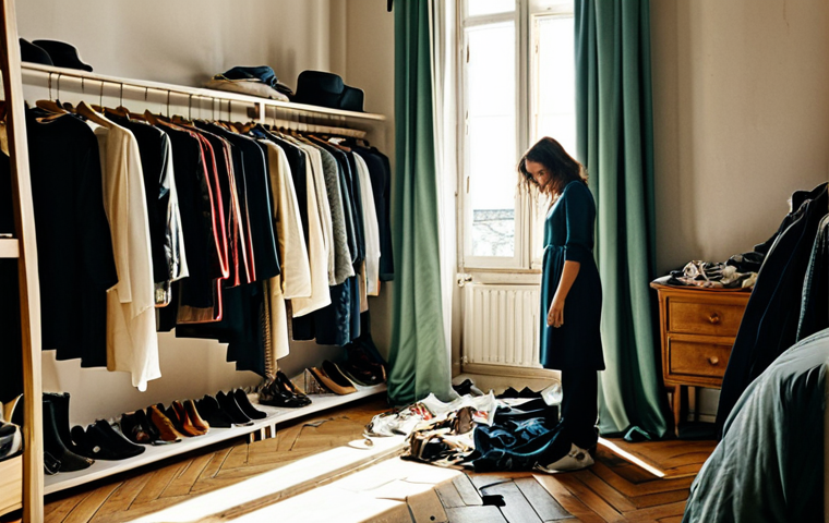 미니멀 워드로브를 위한 가이드북 추천 - **Prompt:** A stylish Italian woman in her late 20s or early 30s stands in her sunlit bedroom, overw...
